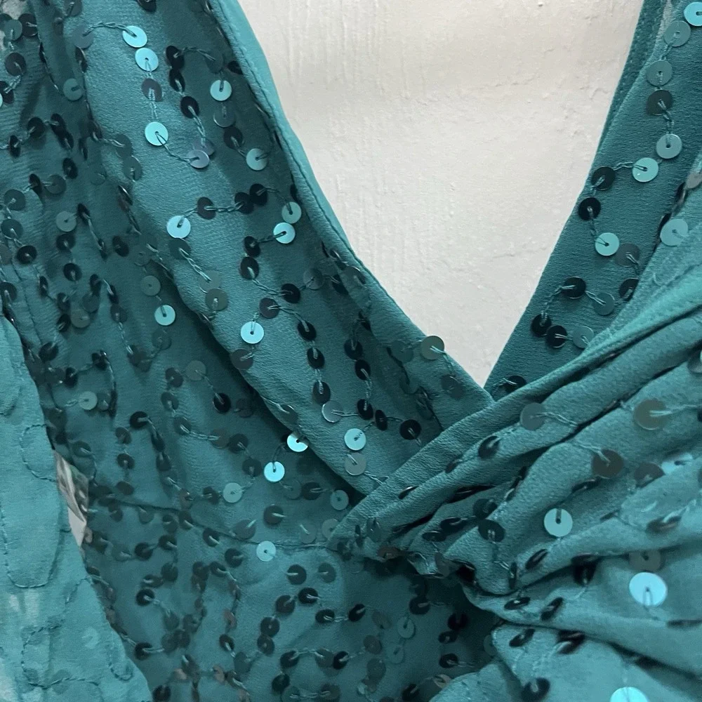 ASOS Sequin Mini Dress Women‎ Size 4 Teal Excellent Deep V-Neck Wrap Cocktail